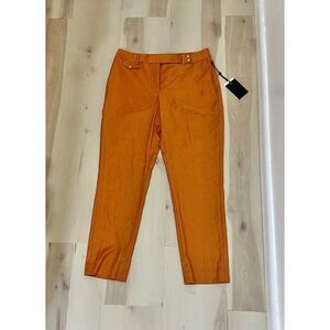 NEW DKNY Women Orange Flat Front Poly Rayon Trouser Pants Minimalist Winter Chic